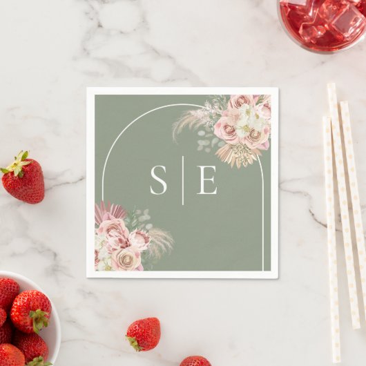 Serviette En Papier Boho Sage Green Pampas Grass Arche Monogram Napkin (En situation)