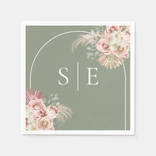Serviette En Papier Boho Sage Green Pampas Grass Arche Monogram Napkin (Devant)