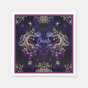 Serviette En Papier Boho Stars & Moon Purple Ajouter Nom Anniversaire