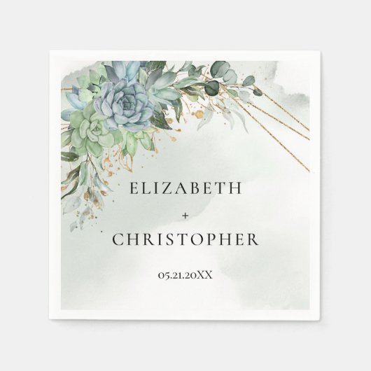 Serviette En Papier Boho Succulents eucalyptus cadre or mariage (Devant)
