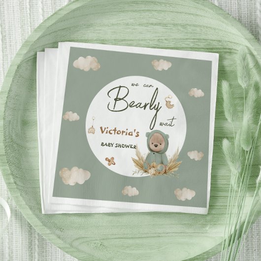 Serviette En Papier Boho Teddy Bear Baby shower vert neutre