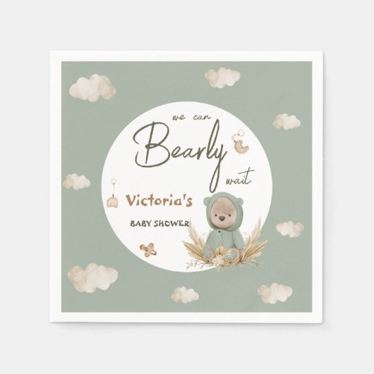 Serviette En Papier Boho Teddy Bear Baby shower vert neutre (Devant)