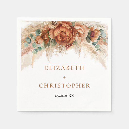 Serviette En Papier Boho terracotta et pampas bordeaux mariage en cuiv (Devant)
