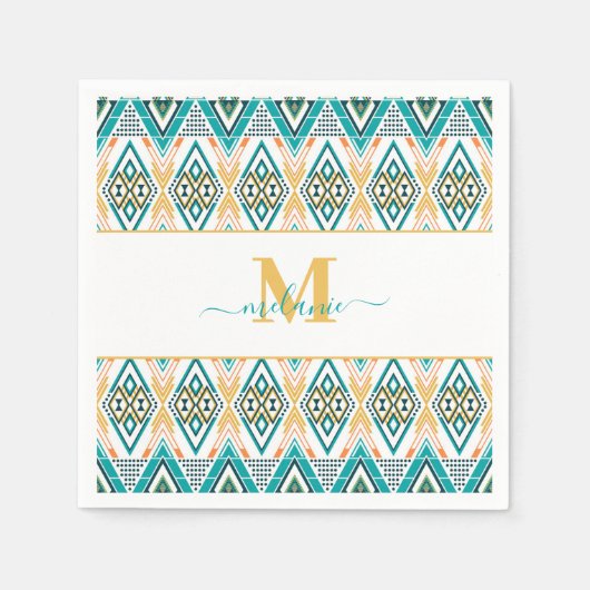 Serviette En Papier Boho Turquoise Mustard Tribal Diamond Monogramme (Devant)