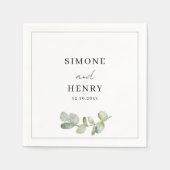 Serviette En Papier Boho Vert & Blanc Aquarelle Eucalyptus Mariage (Devant)