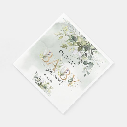 Serviette En Papier Boho vert feuillage or lettres baby shower (Coin)