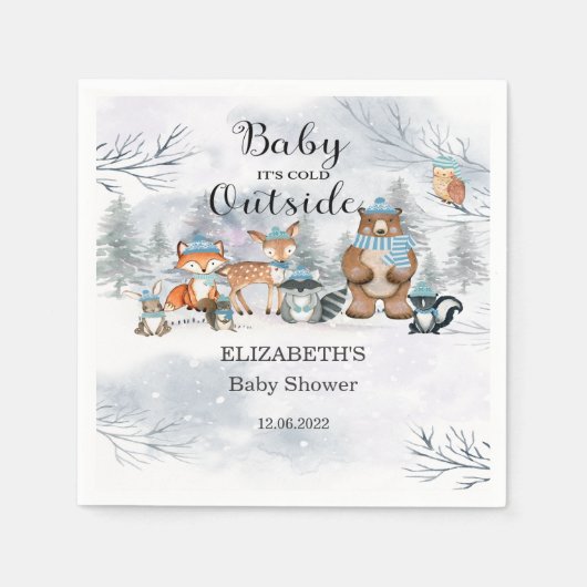 Serviette En Papier Bois Animaux Hiver Bleu Baby shower garçon (Devant)