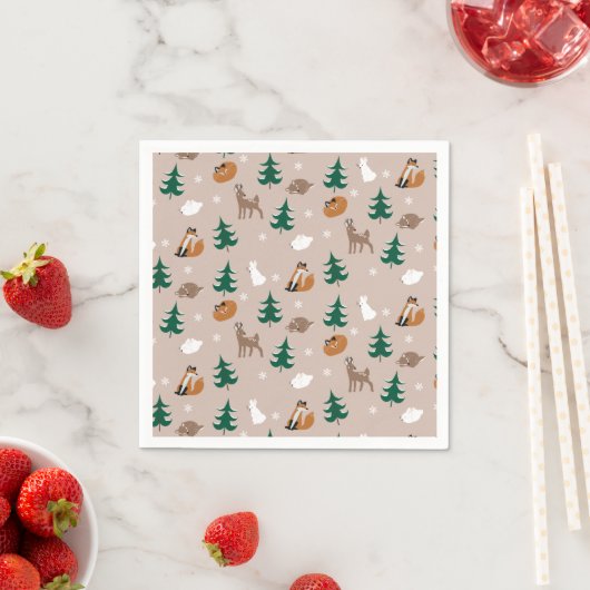 Serviette En Papier Bois Animaux Renard Cerf Lapin Snowflakes Arbres (En situation)