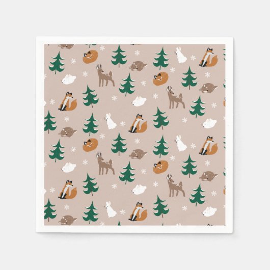 Serviette En Papier Bois Animaux Renard Cerf Lapin Snowflakes Arbres (Devant)