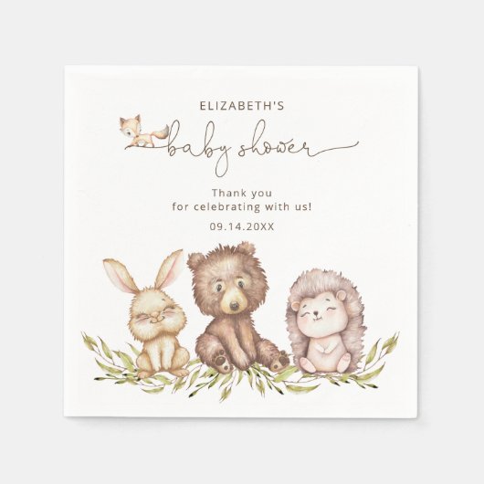 Serviette En Papier Bois Animaux Végétation Baby shower neutre (Devant)