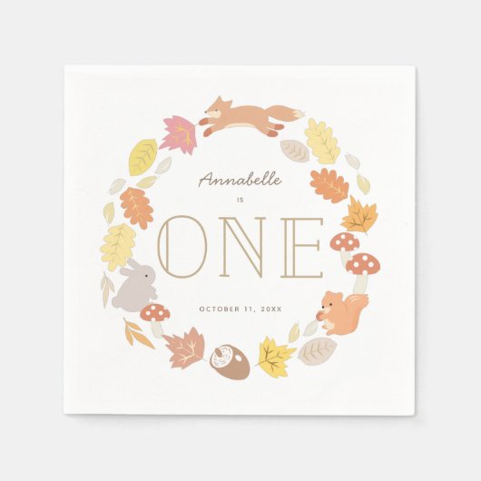 Serviette En Papier Bois Animaux Wreath Automne 1er Anniversaire (Devant)