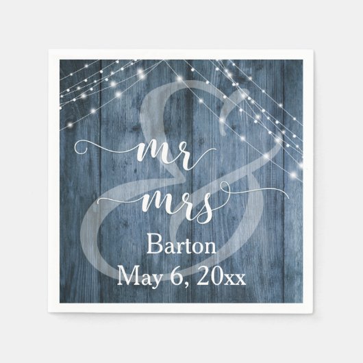 Serviette En Papier Bois bleu rustique, Chaînes lumineuses blanches Mr (Devant)