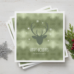 Serviette En Papier Bois de cerf Silhouette & Flocons de neige Vert ID
