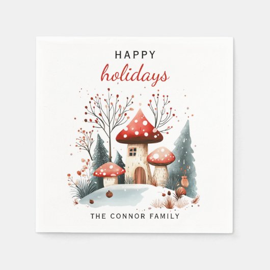Serviette En Papier Bois d'hiver rouge et vert Joyeuses vacances (Devant)