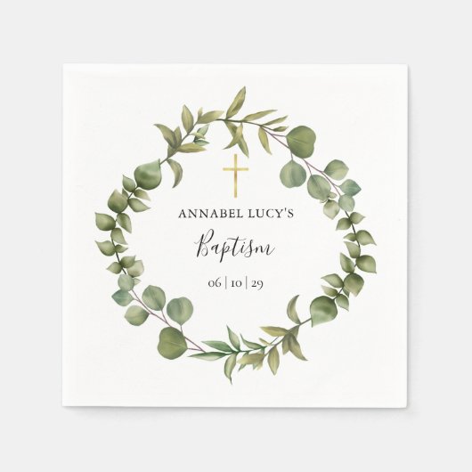 Serviette En Papier Bois Eucalyptus Verdure Baptême Christening (Devant)