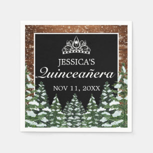 Serviette En Papier Bois neigeux noir et pin forestier Tiara Quinceañe