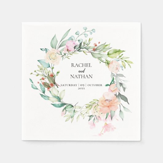 Serviette En Papier Bois Rose verdure Mariage fleuri (Devant)