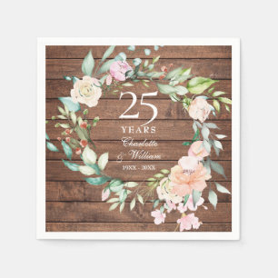 Serviette En Papier Bois Rustique 25e Anniversaire de Mariage Floral A