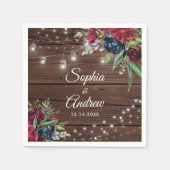 Serviette En Papier Bois rustique Bourgogne Floral Lumières Mariage (Devant)