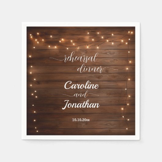 Serviette En Papier Bois Rustique Chaîne Lumières Dîner De Répétition (Devant)
