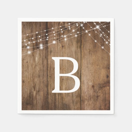 Serviette En Papier Bois rustique et lumières blanches, Monogramme (Devant)