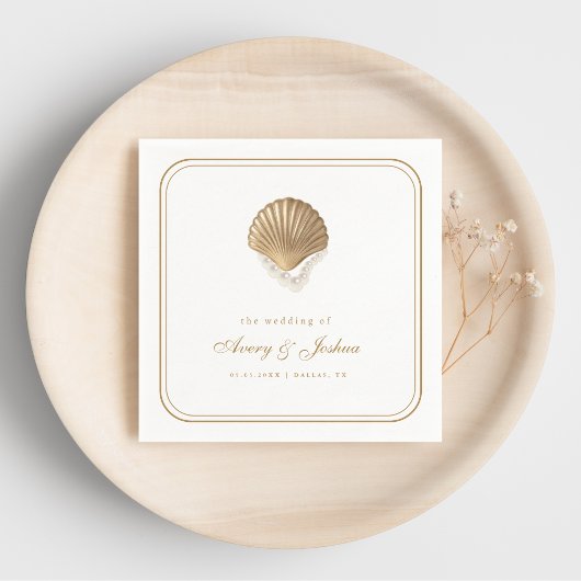 Serviette En Papier Boisson de mariage côtier Coquillage doré