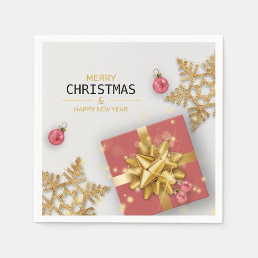 Serviette En Papier Boîte à cadeaux rouge Boules de Noël Gold Snowflak (Devant)