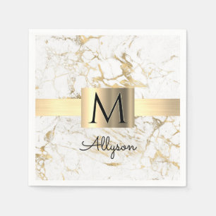 Serviette En Papier Boîte dorée en marbre blanc et or, monogramme noir