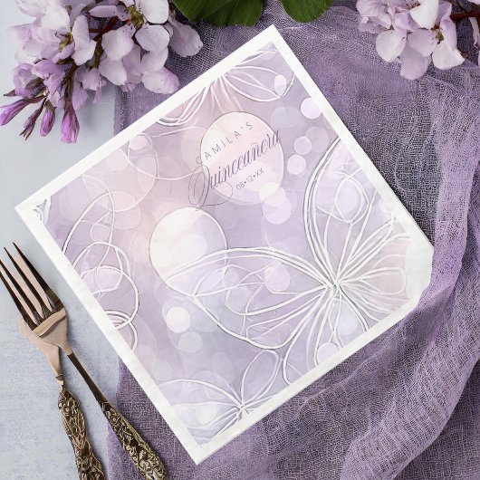 Serviette En Papier Bokeh et papillon Quinceanera Lavender ID1030