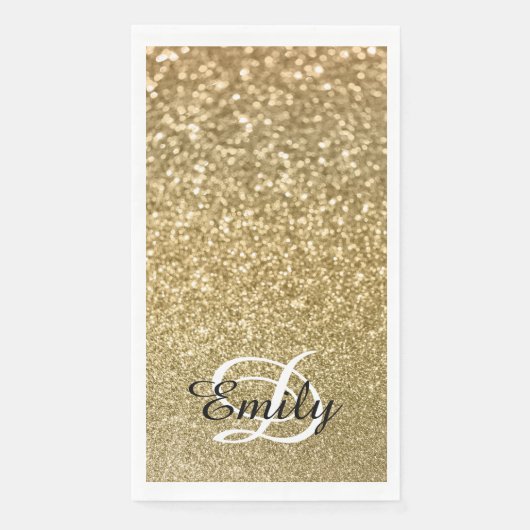 Serviette En Papier Bokeh Gold Parties scintillant Monogramme noir et  (Devant)