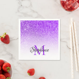 Serviette En Papier Bokeh Violet Pailleté Blanc Ombré Monogramme
