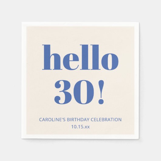 Serviette En Papier Bold Typography Ivory Blue Modern 30th Birthday  (Devant)