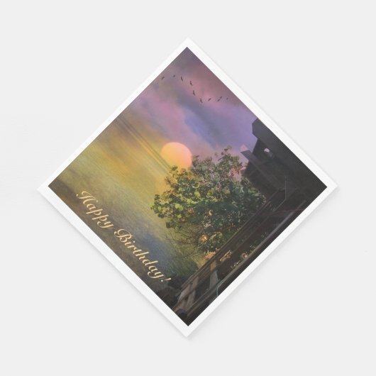 Serviette En Papier Bon Anniversaire Coucher de soleil tropical (Coin)