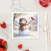 Serviette En Papier Bonhomme de neige avec un cardinal rouge (En situation)