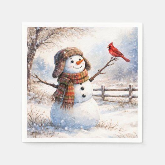Serviette En Papier Bonhomme de neige avec un cardinal rouge (Devant)