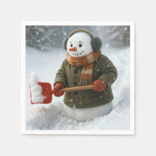 Serviette En Papier Bonhomme de neige de Noël déblayant la neige