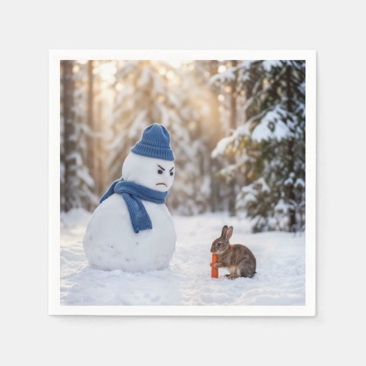 Serviette En Papier Bonhomme de neige fronçant les sourcils devant un  (Devant)