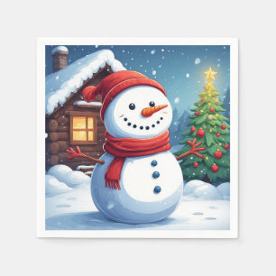 Serviette En Papier Bonhomme de neige joyeux avec sapin de Noël