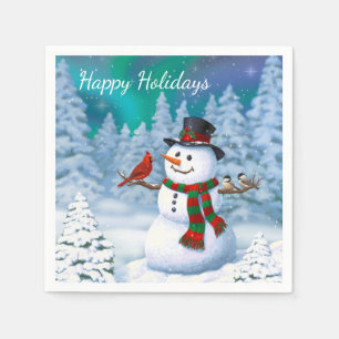 Serviette En Papier Bonhomme de neige joyeux de Noël & Oiseaux Scène h