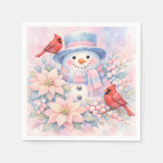 Serviette En Papier Bonhomme de neige, poinsettia et cardinal à l'aqua