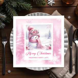 Serviette En Papier Bonhomme de neige rose lumineux Forêt d'hiver Noël