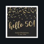 Serviette En Papier Bonjour 50 Gold Confetti sur Black 50th Birthday<br><div class="desc">Moderne, Chic, or et noir | Serviette du 50e anniversaire. Bonjour 50 ! Une belle serviette moderne et dorée confetti design 50th Birthday Party vous pouvez personnaliser votre fête du cinquantième anniversaire. Remplacez l'exemple de texte, votre nom et votre date d'anniversaire. Les mots "Hello 50" sont mis en utilisant la...</div>