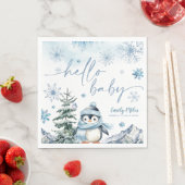 Serviette En Papier Bonjour Baby Penguin, baby shower bleu hiver (En situation)