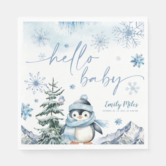 Serviette En Papier Bonjour Baby Penguin, baby shower bleu hiver (Devant)