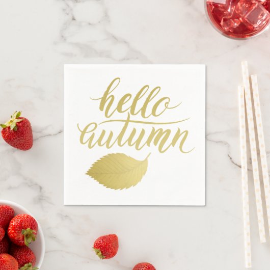 Serviette En Papier Bonjour l'automne | Faux Gold Brush Script (En situation)