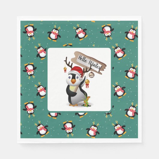 Serviette En Papier Bonjour Penguins d'hiver Naples (Devant)