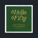Serviette En Papier Bonjour Retro Green et Gold 50th Birthday Party<br><div class="desc">Faites une bonne fête avec ces serviettes Hello Fifty Retro Green et Gold 50th Birthday Party, conçues avec une typographie rétro audacieuse et une riche palette verte et dorée qui ajoute une touche moderne et intemporelle à votre décor événementiel. Parfaits pour des cocktails, des dîners élégants ou des soirées festives...</div>