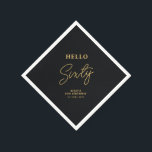 Serviette En Papier Bonjour soixante | Black & Gold 60th Birthday Part<br><div class="desc">Cette serviette en papier noir et or ajoutera des détails élégants à votre célébration du 60e anniversaire. Ce design comprend la typographie moderne "Hello Sixty" avec du texte personnalisé. Des invitations et des fournitures de fête correspondants sont disponibles dans ma boutique BaraBomDesign.</div>