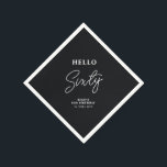 Serviette En Papier Bonjour soixante | Black moderne 60th Birthday Par<br><div class="desc">Cette serviette en papier personnalisée ajoutera des détails élégants à votre célébration du 60e anniversaire. Ce design comprend la typographie moderne "Hello Sixty" avec du texte personnalisé. Des invitations et des fournitures de fête correspondants sont disponibles dans ma boutique BaraBomDesign.</div>