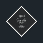 Serviette En Papier Bonjour vingt et un | Black 21st Birthday Party<br><div class="desc">Cette serviette en papier personnalisée ajoutera des détails élégants à votre célébration du 21e anniversaire. Ce design comprend la typographie moderne "Hello Twenty one" avec du texte personnalisé. Des invitations et des fournitures de fête correspondants sont disponibles dans ma boutique BaraBomDesign.</div>